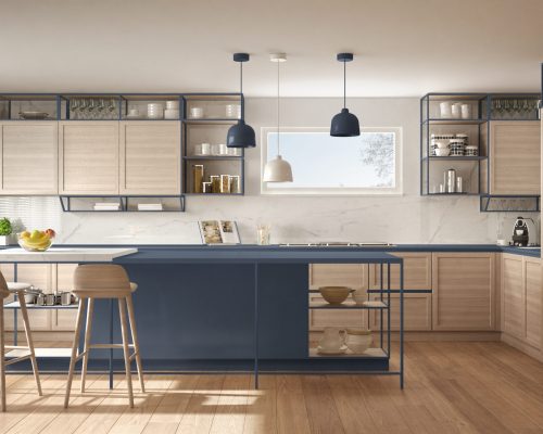 Modern white and blue kitchen with wooden details and parquet floor, modern pendant lamps, minimalistic interior design concept idea, island with stools and accessories
